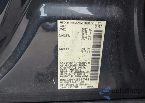 2017 Nissan Altima 2.5 Sv z USA, uszkodzony, nr VIN 1N4AL3AP0HC268748